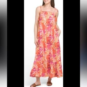 Jacquie the label Linen Blend Tie Shoulder Tropical Print Midi Dress. Size Small